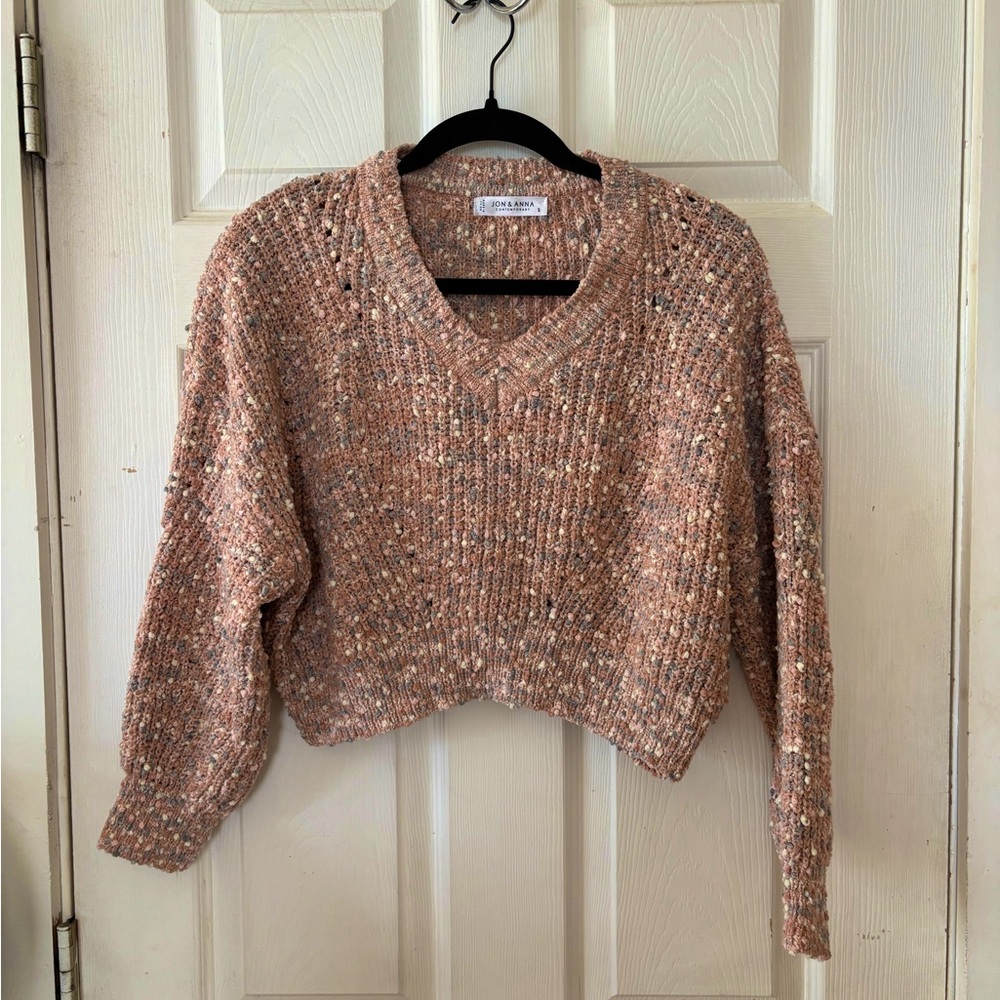 Jon and Anna Cropped V-Neck Pink and Blue Sweater Size Small